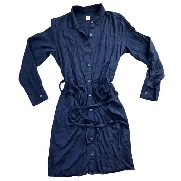 Gap Navy Blue Button Down Dress with Tie Waist Long Sleeve Small Knee Length - Picture 2 of 13
